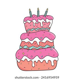 Colorful birthday cake with outline using doodle art. Isolated on white background.Pink cake with three candles.Big cake poster.Doodle style.