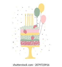 Colorful birthday cake with strawberries, candles and balloons in flat style. Illustration for greetingd card.