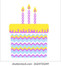Colorful birthday cake. Three tier cake with decorative frosting, cherries and striped candles on top. Flat vector illustration. EPS 10.