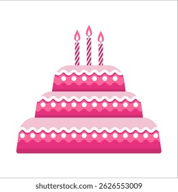 Colorful birthday cake. Three tier cake with decorative frosting, cherries and striped candles on top. Flat vector illustration. EPS 10.