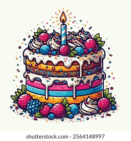 "Colorful Birthday Cake Vector Illustration with Candles for Party Decorations"