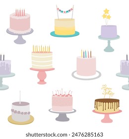 Colorful birthday cakes, vector seamless pattern