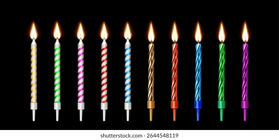 Colorful birthday candle 3d collection - striped spiral candles with bright flames burning on holders on black background. Festive cake decorations for party celebrations, glowing twisted design.