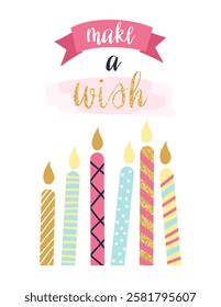 Colorful birthday candles glowing brightly, surrounded by a pink ribbon banner displaying the words Make a Wish, creating a joyful atmosphere for a festive celebration