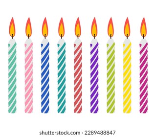 colorful birthday candles isolated on white background. candles with burning flames