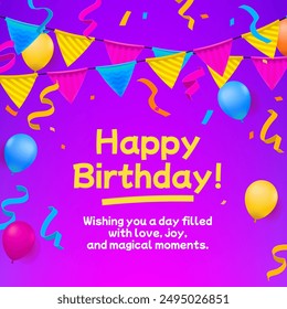 Colorful birthday card, bright balloons, confetti, and a cheerful Happy Birthday message. Perfect for invitations, celebrations, and festive decorations, this design is joyful and vibrant. Not AI.