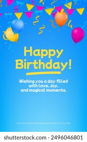 Colorful birthday card, bright balloons, confetti, and a cheerful Happy Birthday message. Perfect for invitations, celebrations, and festive decorations, this design is joyful and vibrant. Not AI.