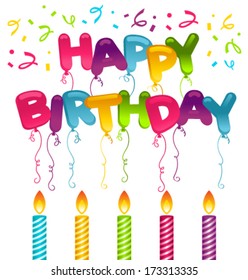 Colorful birthday card with candles and balloons