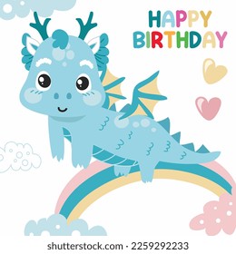 Colorful birthday card for children with cute baby dragon theme. Vector file.