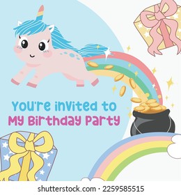 Colorful birthday card for children with cute baby dragon theme. Vector file.