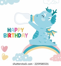 Colorful birthday card for children with cute baby dragon theme. Vector file.