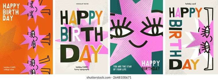 Colorful birthday card collection featuring playful, abstract illustrations and bold typography. Posters with vibrant and modern designs.