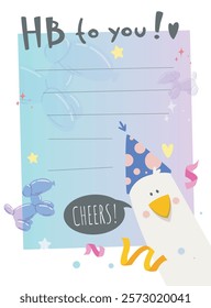 Colorful birthday card featuring a cheerful bird in a party hat, balloon animals, stars, and confetti on a gradient background. Fun celebration concept. Vector illustration