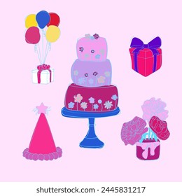 A colorful birthday card featuring a delicious cake with festive balloons, a gift box, and flowers perfect for celebrating special occasions like birthdays