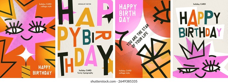 Colorful birthday card set with bold typography, playful illustrations, and vibrant designs. Posters for celebrating special occasions and sending cheerful wishes.