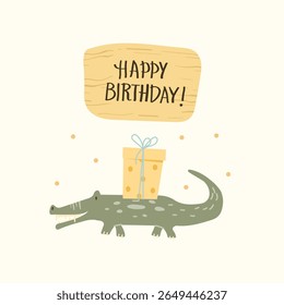 Colorful birthday card showcases a crocodile carrying a present, celebrating a special day with a joyful Happy Birthday greeting above.  