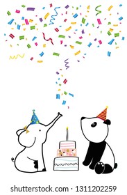 Colorful birthday card with sweet animals and confetti