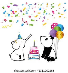 Colorful birthday card with sweet animals and confetti