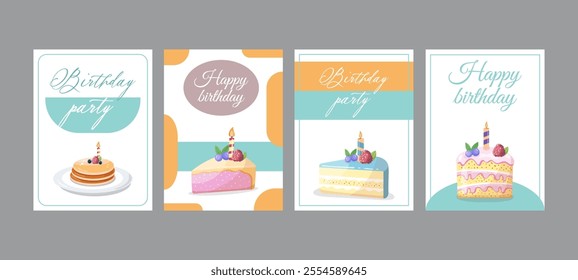 Colorful birthday card templates with cakes, candles, and celebrations