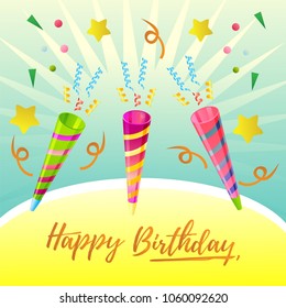 colorful birthday card theme with party trumpet