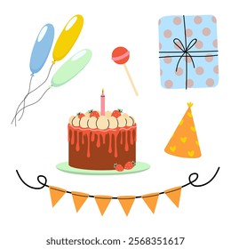 Colorful birthday celebration with cake, balloons, and gifts in a festive setting