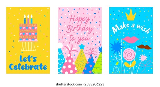 Colorful Birthday Celebration Cards with Cake, Wishes, and Party Decorations. Bright and festive birthday-themed designs featuring decorated cakes, party hats, and celebratory text. Ideal for birthday