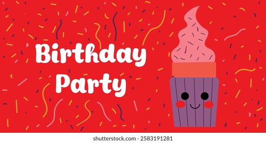 Colorful Birthday Celebration with Confetti and Smiling Cupcake Illustration. Bright red background featuring cheerful confetti design and a happy cupcake illustration, emphasizing a joyful birthday 