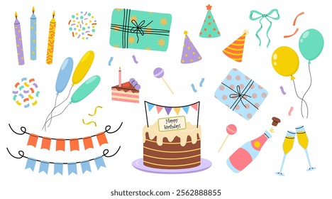 Colorful birthday celebration decorations with cake, balloons, and gifts