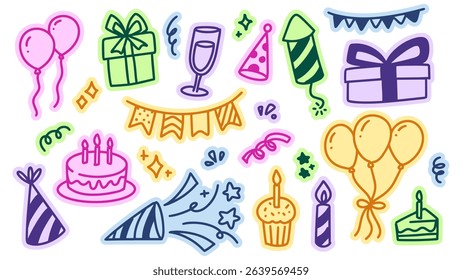 Colorful Birthday Celebration Doodle Sticker Set in Cartoon Style