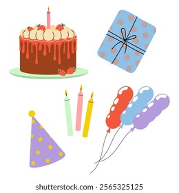 Colorful birthday celebration elements with cake, candles, balloons, and gift