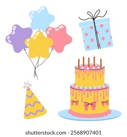 Colorful birthday celebration elements featuring balloons, cake, and gifts in a festive arrangement