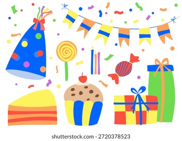 Elementos coloridos de la celebración del cumpleaños que incluyen la torta, los regalos, el sombrero del partido, el caramelo, y las decoraciones en un estilo festivo alegre.