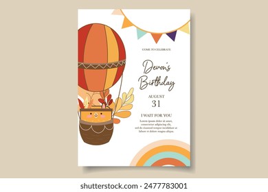 colorful birthday celebration invitation card with air balloons, cartoon animals and rainbows with a boho feel