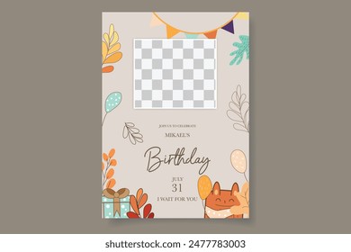 colorful birthday celebration invitation card with air balloons, cartoon animals and rainbows with a boho feel