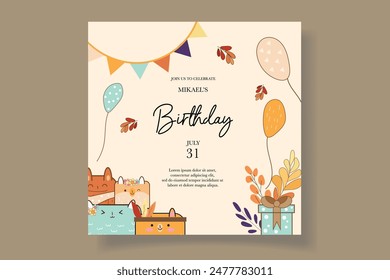 colorful birthday celebration invitation card with air balloons, cartoon animals and rainbows with a boho feel