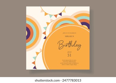 colorful birthday celebration invitation card with air balloons, cartoon animals and rainbows with a boho feel