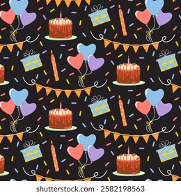 Colorful birthday celebration pattern featuring cake, balloons, and gifts in a festive design