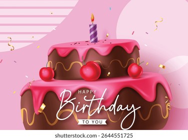 Colorful birthday clipart featuring a two-tier chocolate cake with pink frosting, cherries, and a lit candle. Surrounded by confetti, it's perfect for greeting cards, invites, and festive designs.