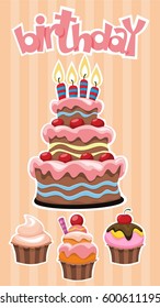 Colorful Birthday desserts template with festive cake and cupcakes stickers on striped background vector illustration