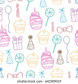 colorful birthday elements in seamless pattern using doodle art or hand drawing style