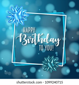 Colorful birthday frame with bow. Background decorated with bokeh and flares