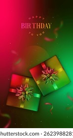 Colorful birthday gifts surrounded by vibrant confetti create festive atmosphere