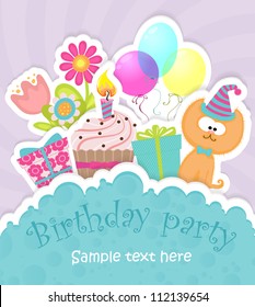 Colorful Birthday greeting card with balloons, flowers, cake, gift boxes and cute cat in hat, stylized like hand-made paper card