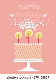 Colorful birthday greeting card with a birthday cake with candles. Vector illustration