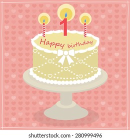 Colorful birthday greeting card with a birthday cake with candles. Vector illustration