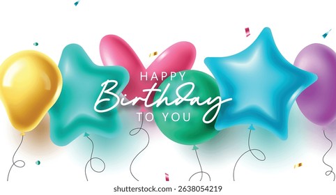 Colorful Birthday Greeting Clipart Design with Star and Heart Balloons on White Background. Joyful Birthday Greeting with Colorful Balloons in Unique Shapes like Stars and Hearts, floating on white