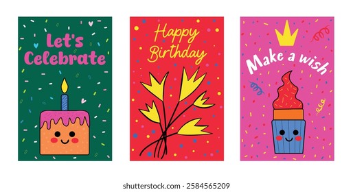 Saludos de cumpleaños coloridos con confeti y Diseños de pastel amistoso. Tarjetas de felicitación de cumpleaños brillantes y alegres con texto juguetón, confeti festivo e ilustraciones adorables de pasteles 