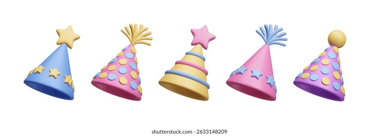 Colorful birthday hat 3D style vector icon set. Striped cone shape hat, birthday caps with stars, polka dots and tassels cartoon 3D vector illustration isolated on white. Happy celebration decor set.