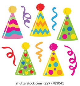 Colorful birthday hat set vector cartoon illustration