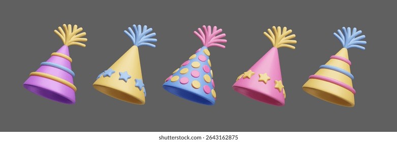 Colorful birthday hats 3D cartoon style vector icon set. Different triangle cone hats: striped, dotted, with stars and tassels. Happy celebration surprise Birthday party decor. 3D festive party cap.